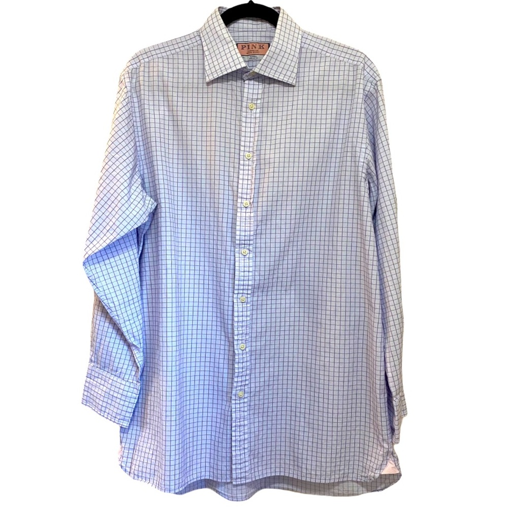 EUC Thomas Pink Button Down Purple Check Shirt size 16.5"/35"